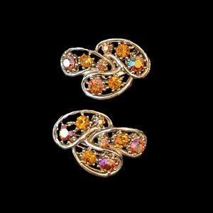 Vintage 1950's Multicolored Rhinestone Clip Earrings Preowned